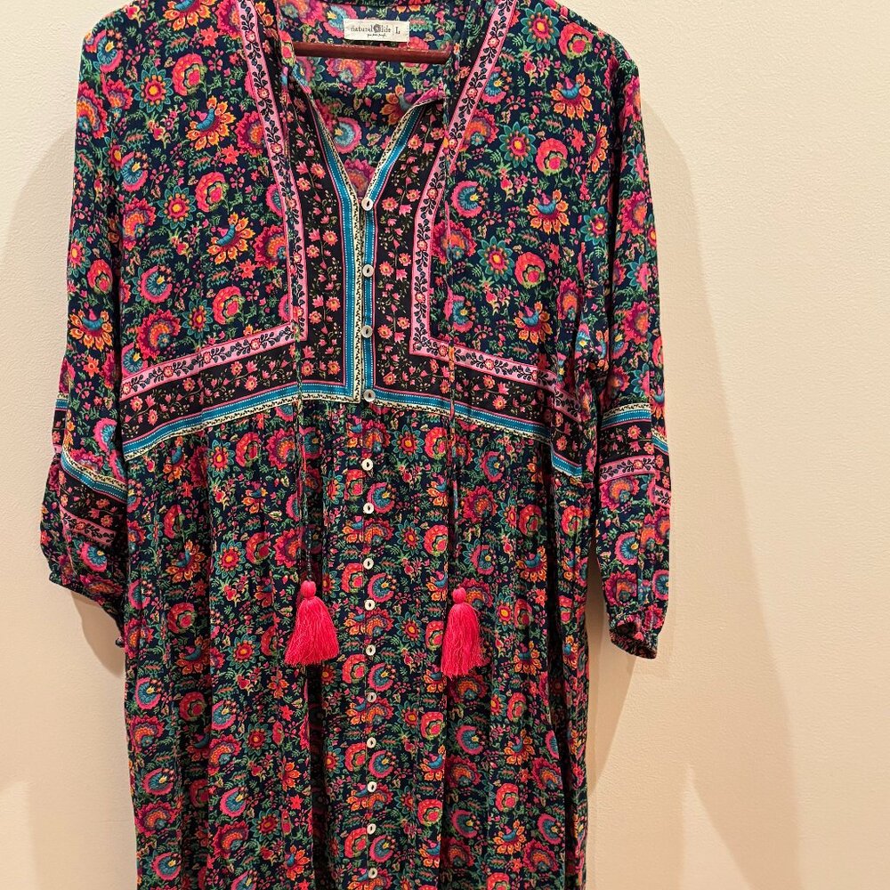 Natural Life Multicolor Floral Boho Peasant Hippie Maxi Dress Size L